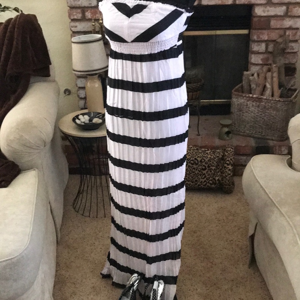 Sheer Black & White Striped Strapless Maxi Dress